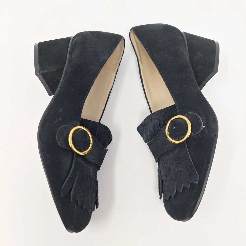 Marc Fisher Mabel Black Suede Loafers with Gold Buckle